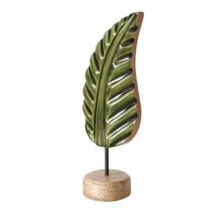 Jesienna dekoracja – figura zielonego liścia z drewna mango 37 cm