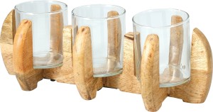 Świecznik na trzy świece z drewna mango i szkła 30 cm