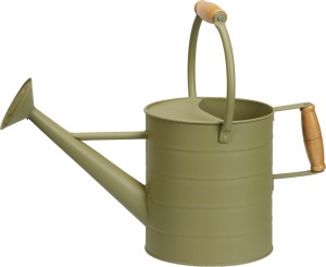 Metalowa konewka ogrodowa z drewnianym uchwytem – zielona